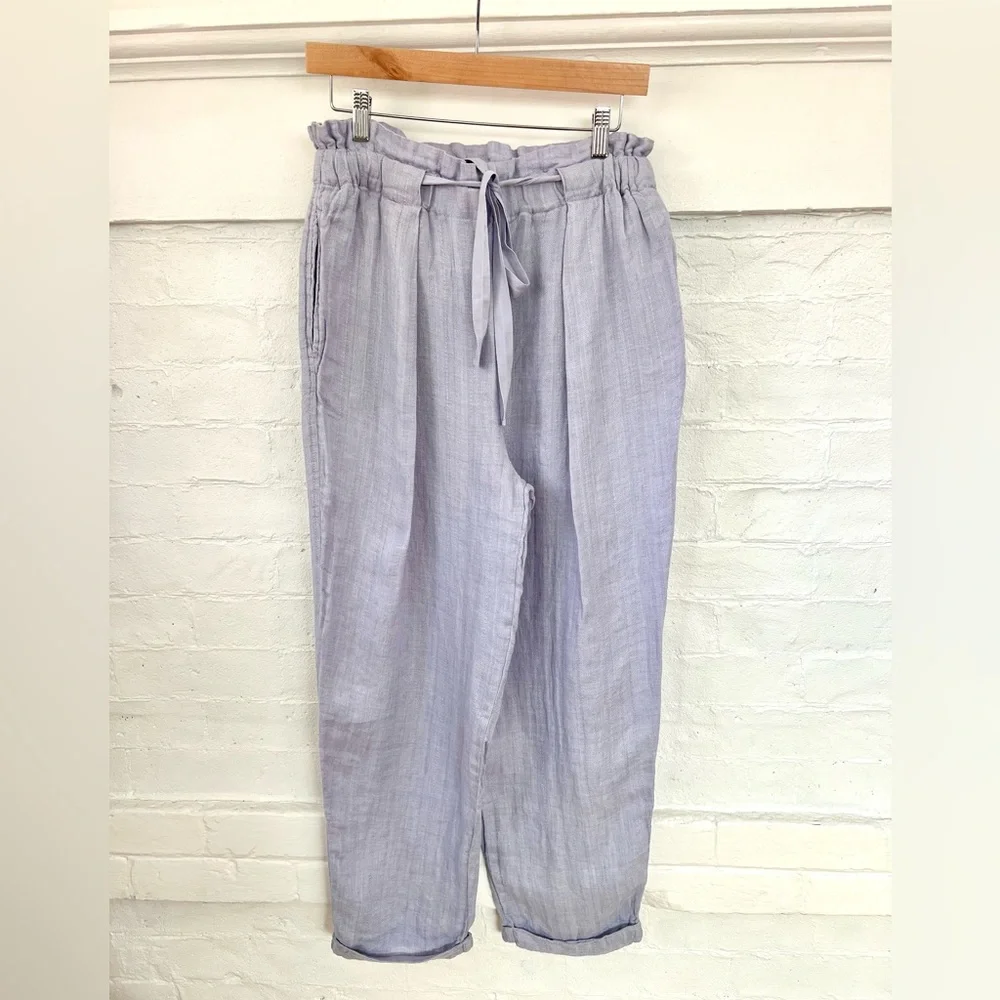 Free People Only Over You Linen Pant in Blue Pearl Tie Bag Waist Straight Leg - Picture 6 of 14